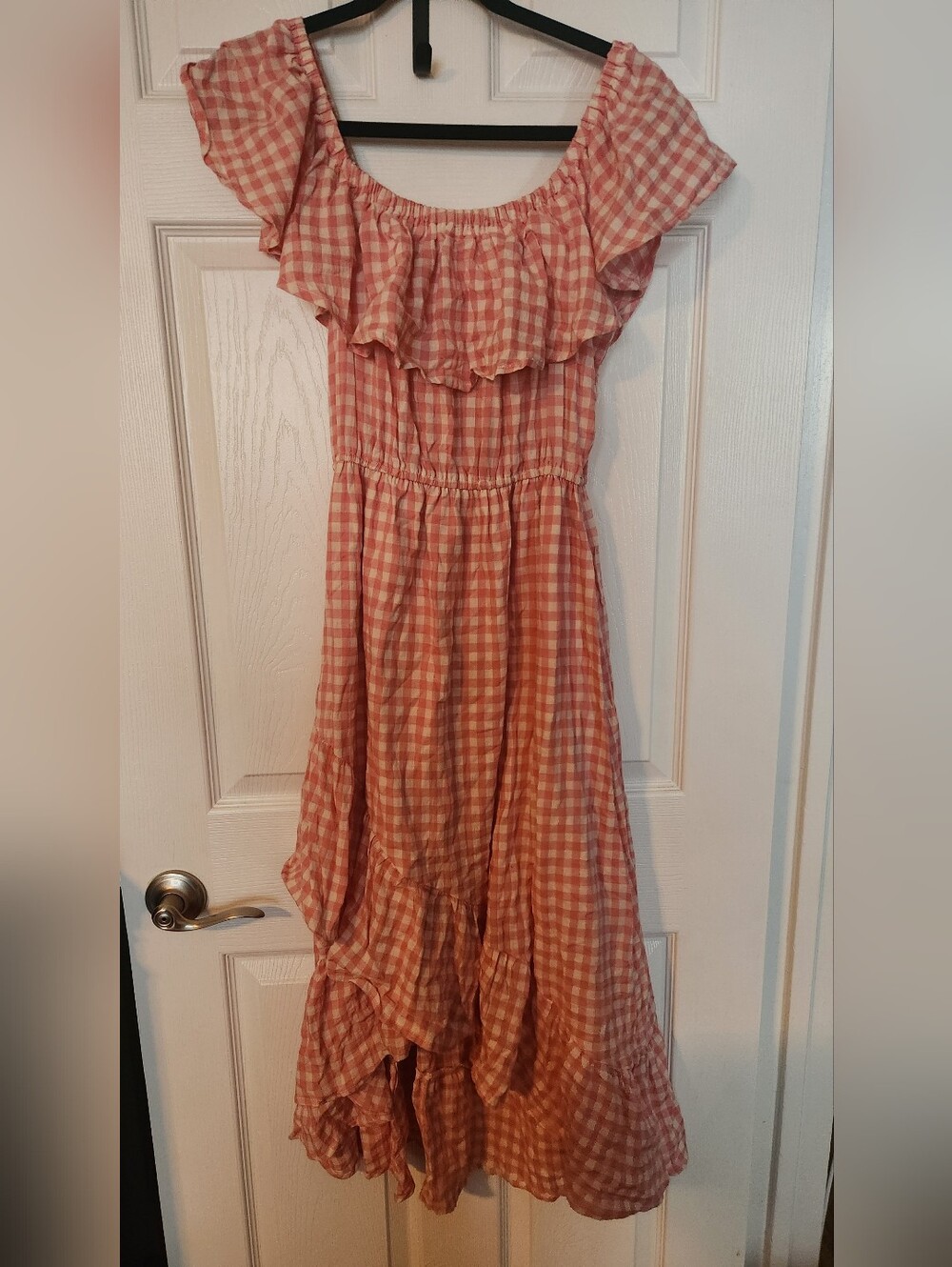Pink Gingham Off-Shoulder Ruffle Midi Dress